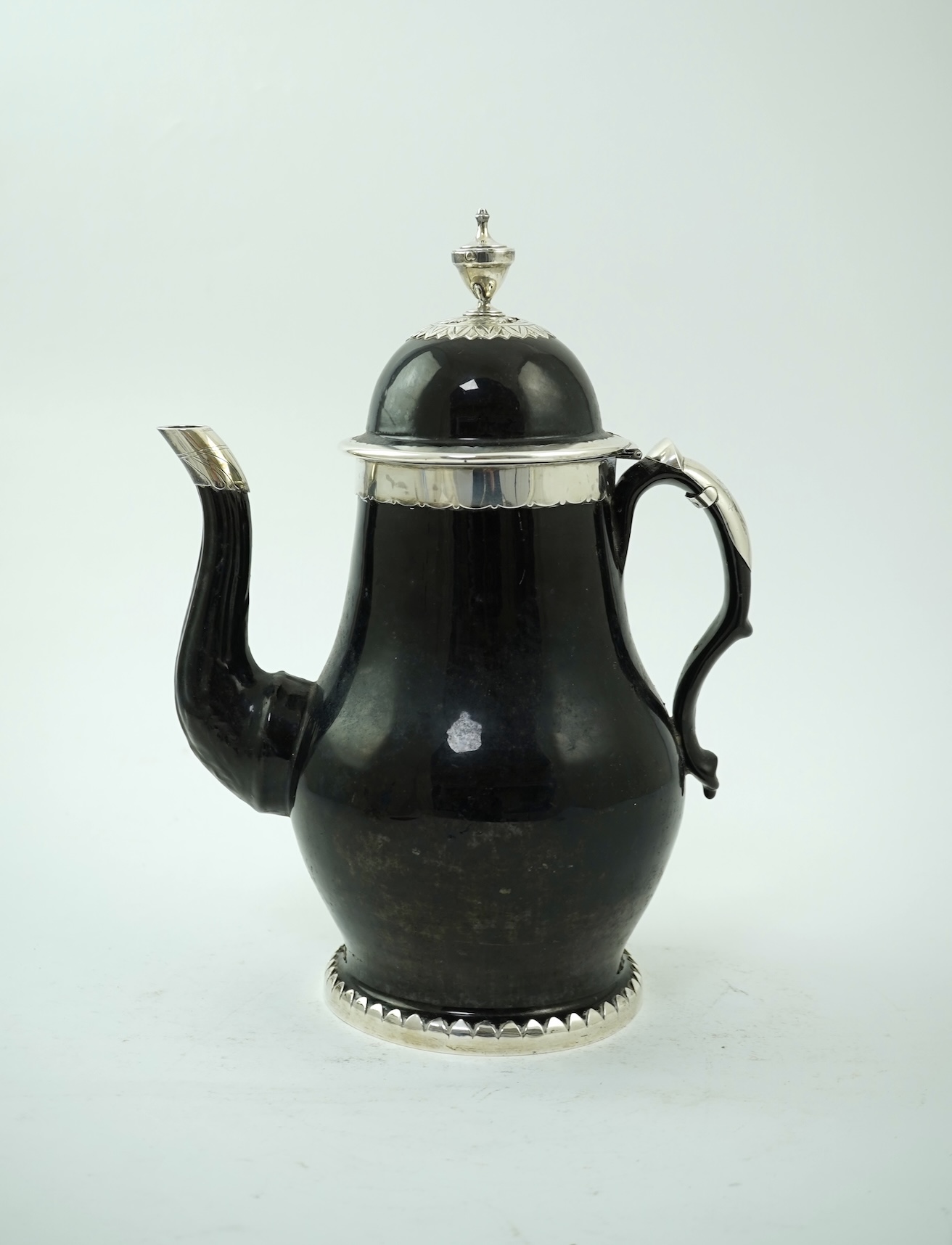 A Belgian silver mounted terre noire de Namur coffee pot, 18th century